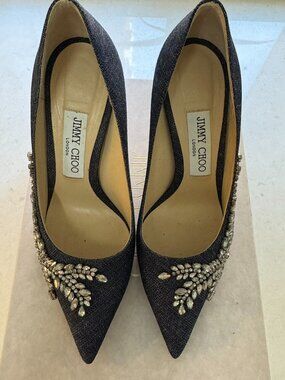 Jimmy Choo Love 100 Indigo Denim Crystal Embellished Pumps
